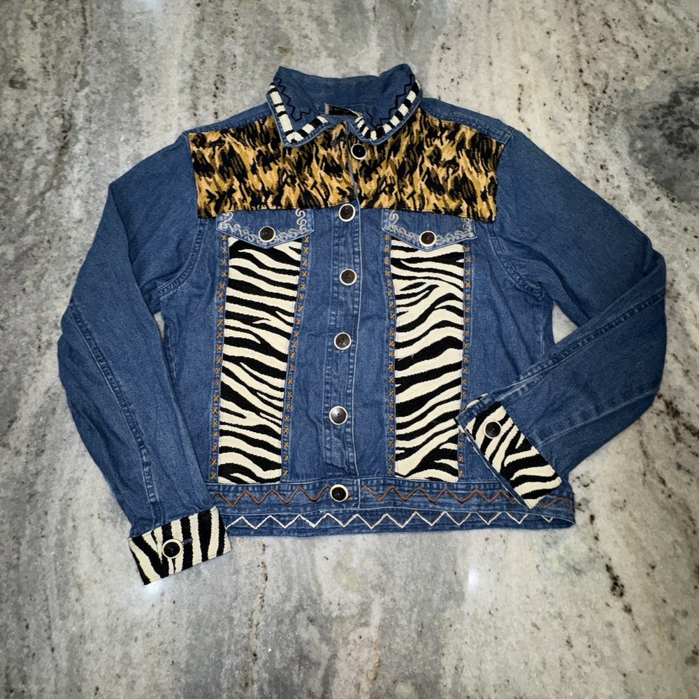 VTG New Directions Denim Patchwork Jacket Animal Print Zebra Cheetah Sz Women M